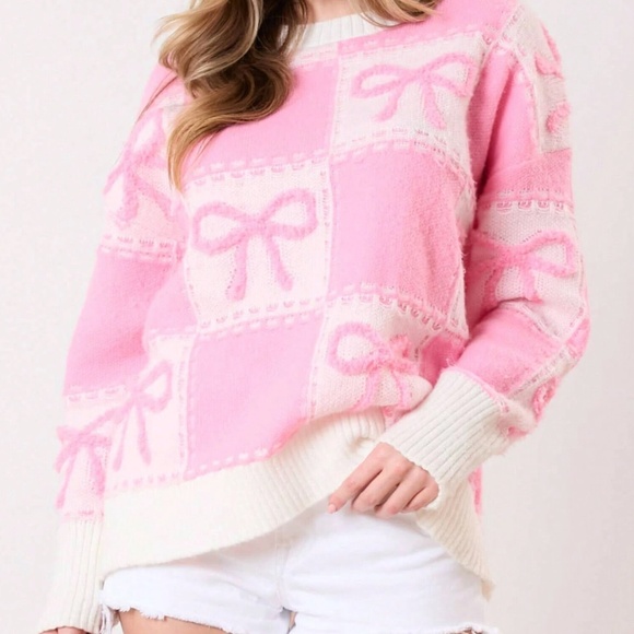 Cozy Bow Print Color Block Oversized Sweater Top - Picture 2 of 11